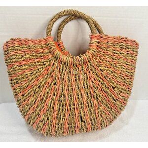 Cappelli Straworld Woven Straw Natural/Orange/Coral Zippered Tote Handbag